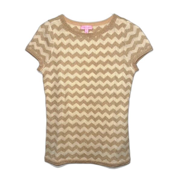 Lilly Pulitzer Sydney Chevron SS Merino Wool Blend Sweater - Gold/Ivory S - Picture 2 of 6